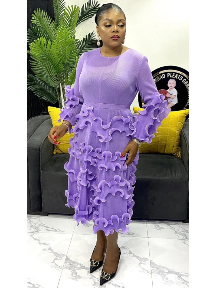 EGRM Belt Pleated Miyake Dress Fashion Round Neck Long Sleeves Fungus Spliced Solid Elegant Dresses For Women New 5Gr2974