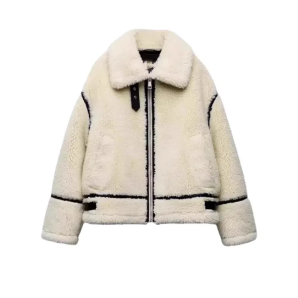 Womens coat cashmere jacket lapel zipper contrasting color integrated coat Versatile autumn warm thick coat 241214