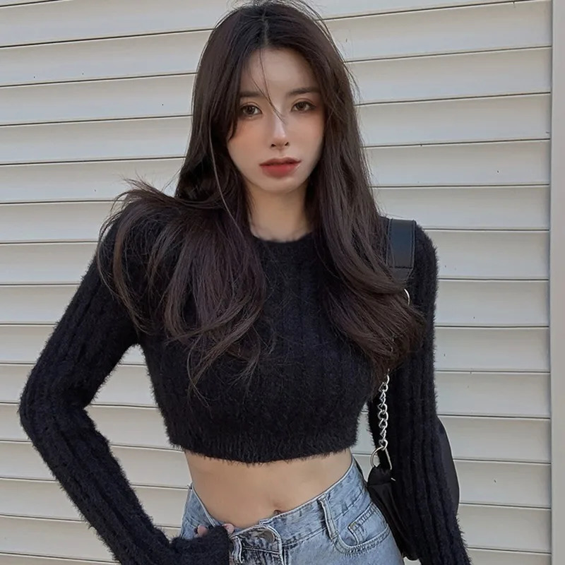Home>Products>Womens crop tops>Round neck camouflage sweaters>Ultra thin knitted sweaters>Fluffy long sleeved sweaters 241211
