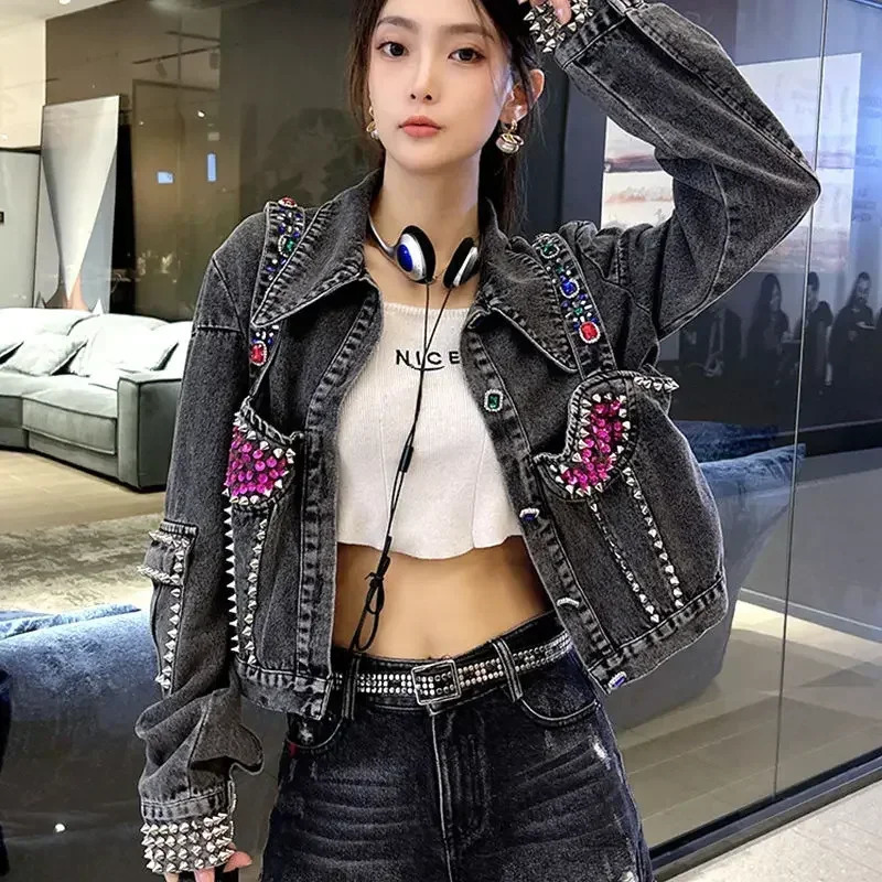 Short crop gray inlaid with stones spring autumn rhinestone bicycle womens jeans jacket small womens denim jacket diamond trading 241209