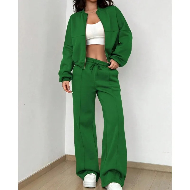 Grey Bomber Jacket Pant Women 2 Pieces Set Casual Long Sleeve Zipper Coat Solid Sweatshirt Trousers Suit Fall Sportwear y241203