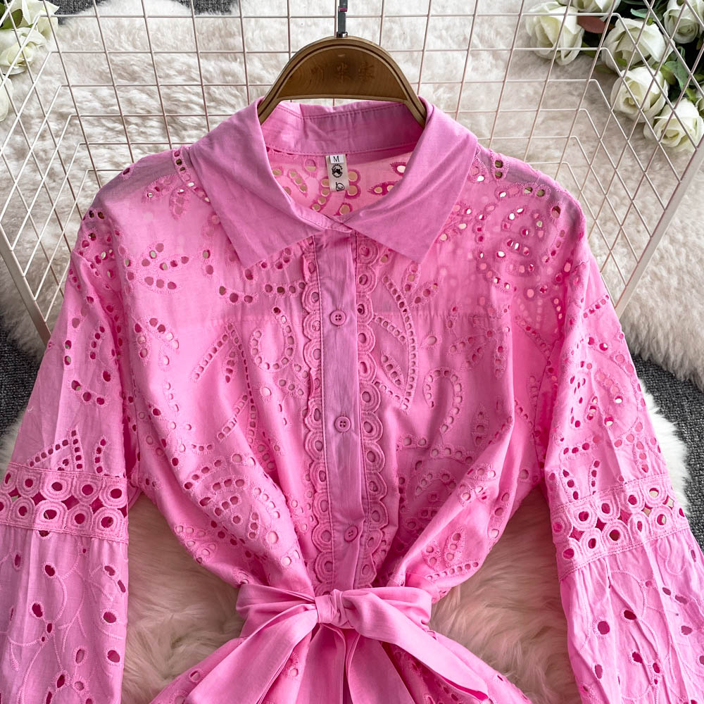 Casual Dresses 2025 Spring Holiday Beach Hollow Out Cotton Dress Women's Long Sleeve Lapel Embroidery Flower Belt Lace Up Party Long Vestidos