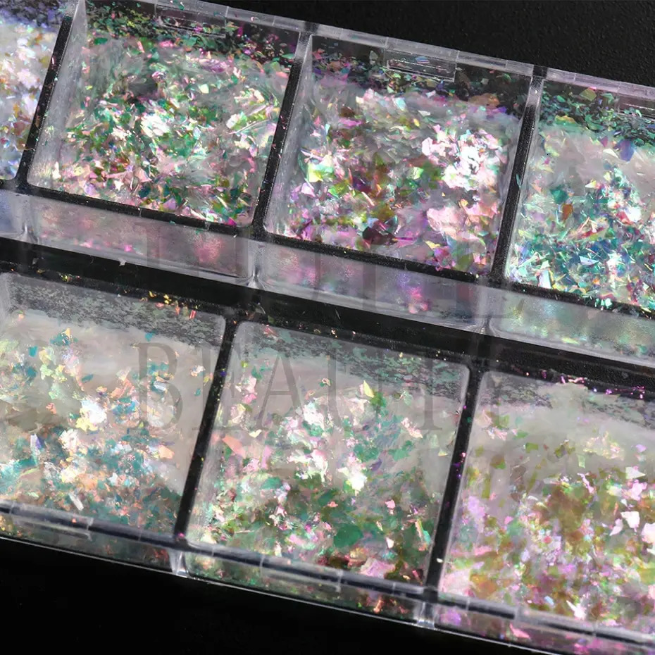 12 grid iris nail aurora glitter crystal flame slice holographic sequin charm gel polish ergonomic 241213