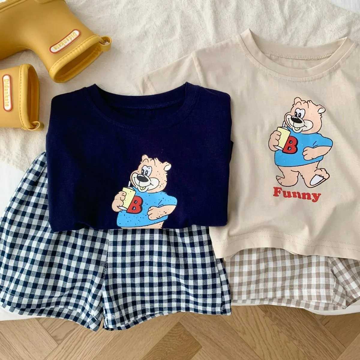 Clothing Sets Short Sleeve Tshirt+Plaid Shorts 2 Piece/Set Kids Cartoon Print Short Sleeve Tracksuits For Boys And Girls Cute Summer Clothing H241214