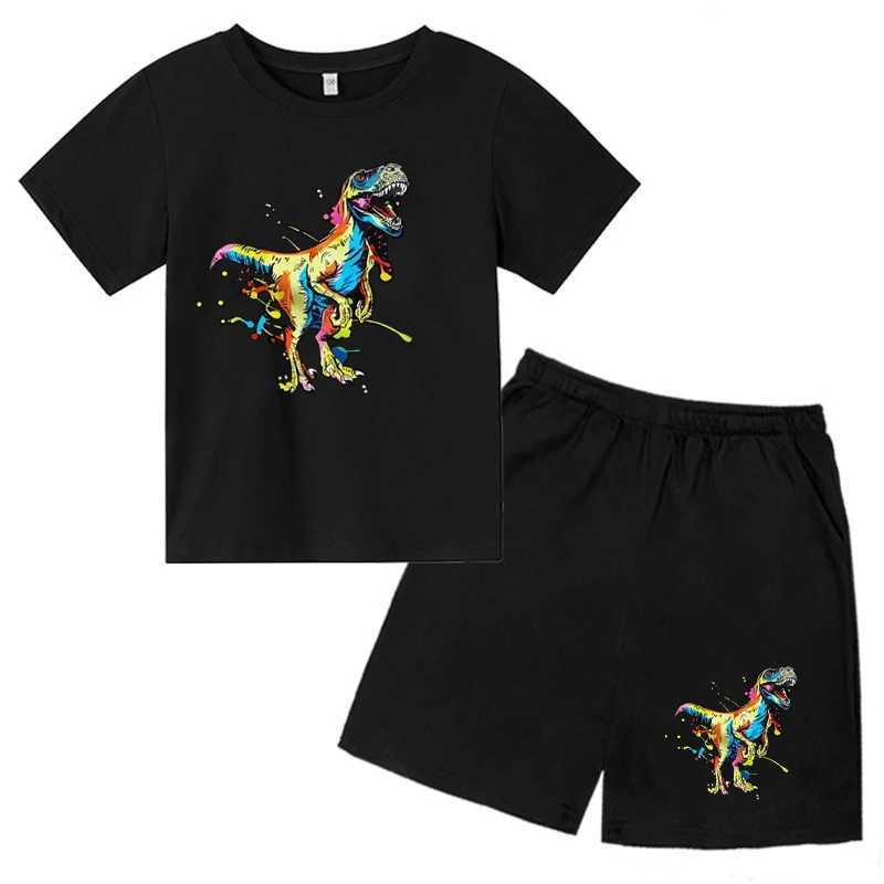 Clothing Sets 2024 New Graffiti Art Series Colorful Dinosaur Pattern Design Printed Boys Girls T-shirts+pants 2PCS Suits Chilren Clothes Sets H241214