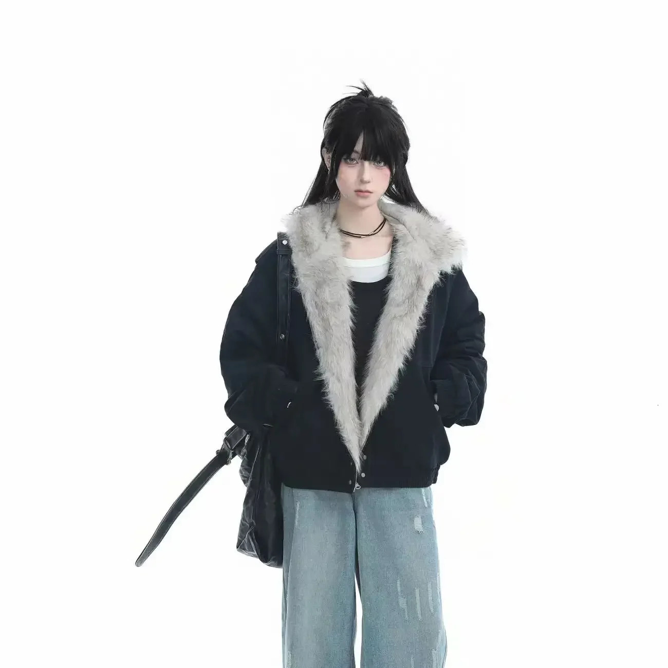 Retro style reversible jacket womens winter high-end spliced black long sleeved top Harajuku Y2K warm fur collar hooded sweatshirt 241210