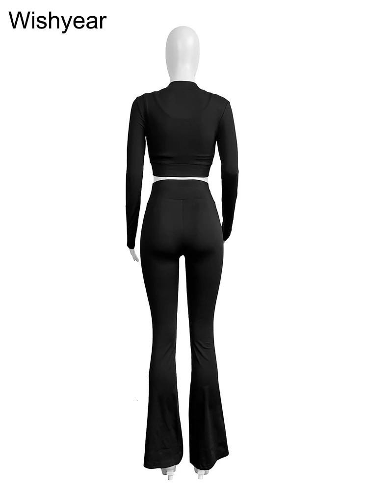 Fashion Solid 3 Pieces Sets Women Long Sleeve Crop TopsTanksFlare Pants Active Fitness Jogging Tracksuits Streetwear Outfits 241209