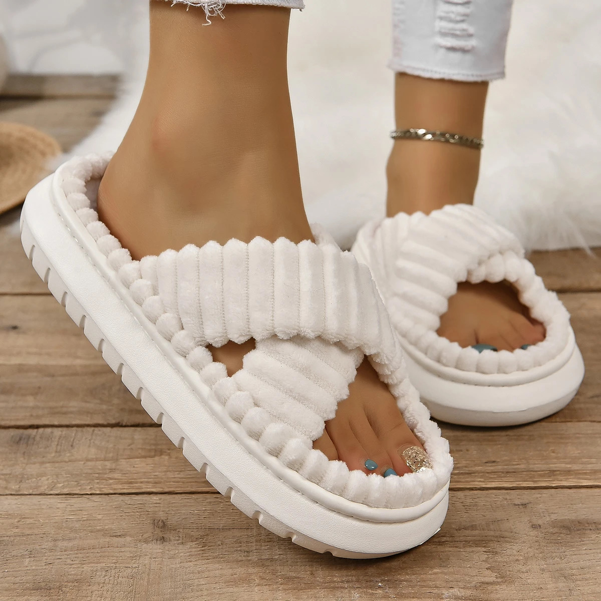 Autumn Winter Corduroy Home Slippers Women Cross Band Thick Soft Sole Slides Platform Shoes Woman Non Slip Indoor 241214