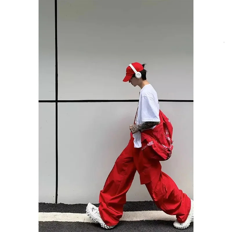 Pants Mens Summer High Street Red Vibe Thin Loose Wide Leg Casual Trousers Solid Color Pockets Cargo Straight Long Pants 241214