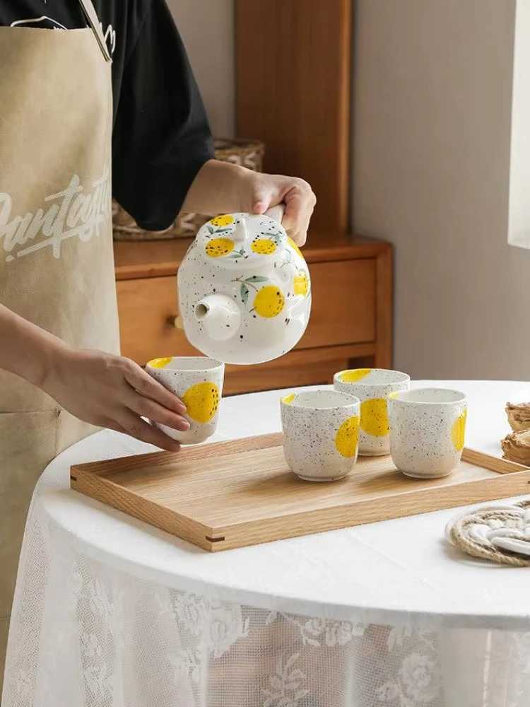 Japanese style hand-painted ceramic kettle water cup large capacity household cute fruit pattern flower tea set Y241214