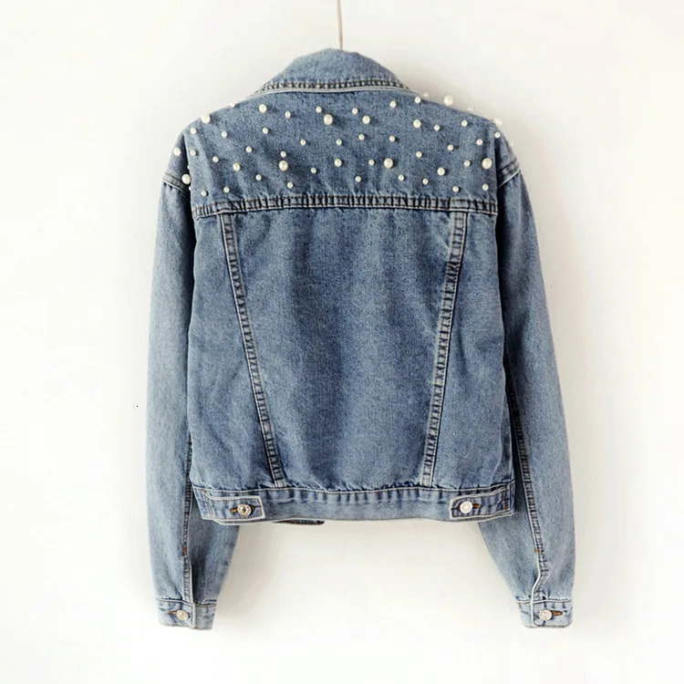 Womens fashionable bead diamond trendy denim jacket loose casual long sleeved lapel patch work Y2k 241211