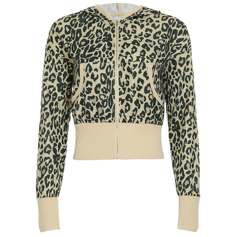 IAMTY leopard print hooded sweatshirt for women contrasting color patch work zipper hooded sweatshirt retro cardigan autumn thin coat Y2K 241214