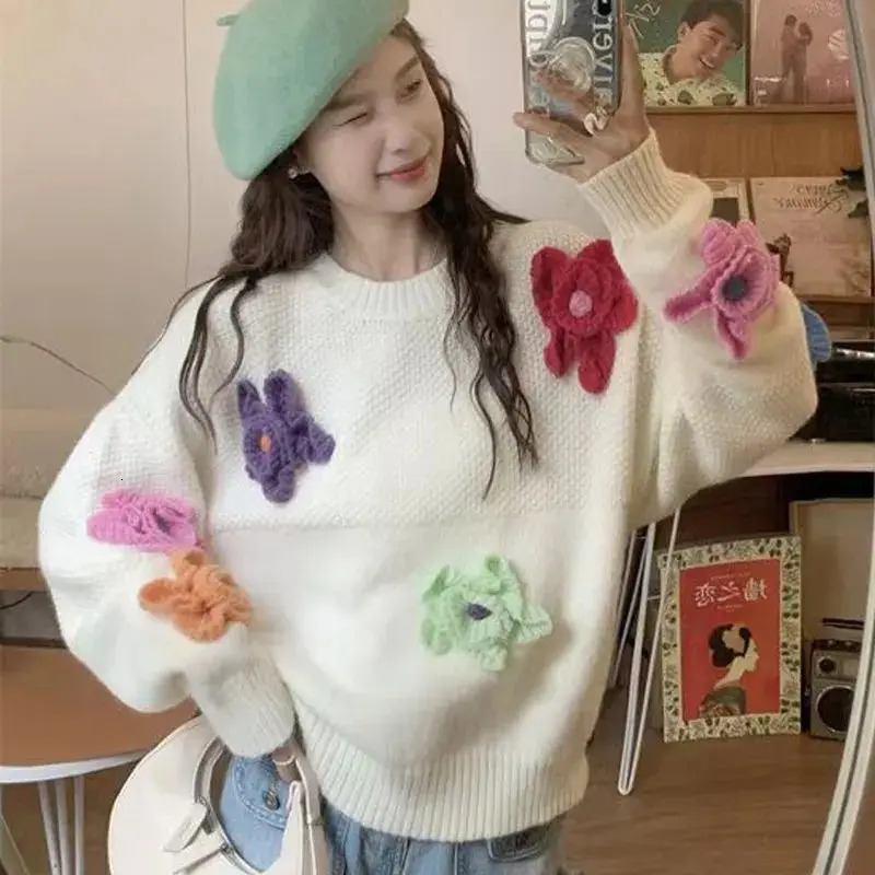 OMCHION South Korea Sweet Fashion Casual Lazy Style Dopamine 3D Floral Knitted 2024 Loose Sweater for Women 241211