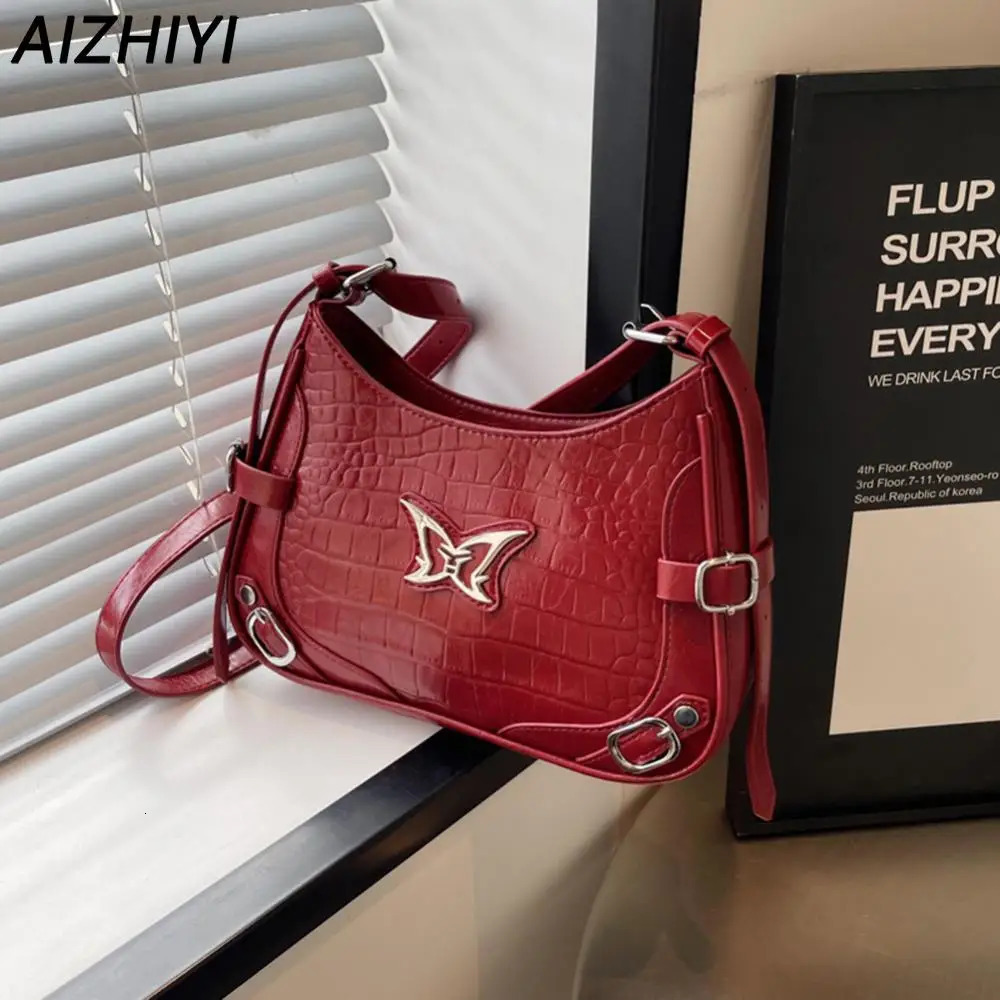 Y2k Womens Shoulder Bag Butterfly Cross Bag Retro Fashion Red Handbag Wallet PU Leather Messenger Harajuku Womens Handbag 241213