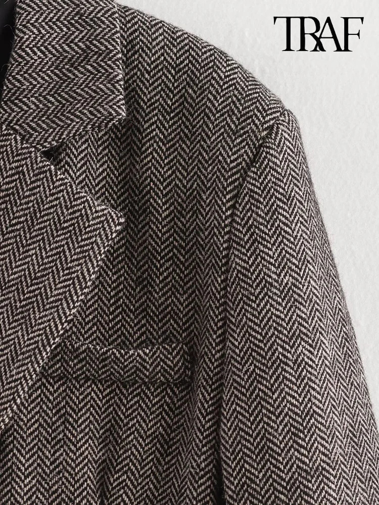 TRAF Womens Herringbone tweed blazer Europe and the United States wind grey fashion loose jacket Elegant womens clothing 241209