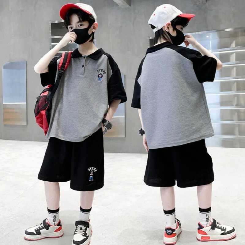 Clothing Sets Summer Teenage Boy Lapel Clothes Children Embroidery Cartoon Bear Tshirt and Shorts Set Kid Short Sleeve Top Buttom 2pcs Outfits H241214
