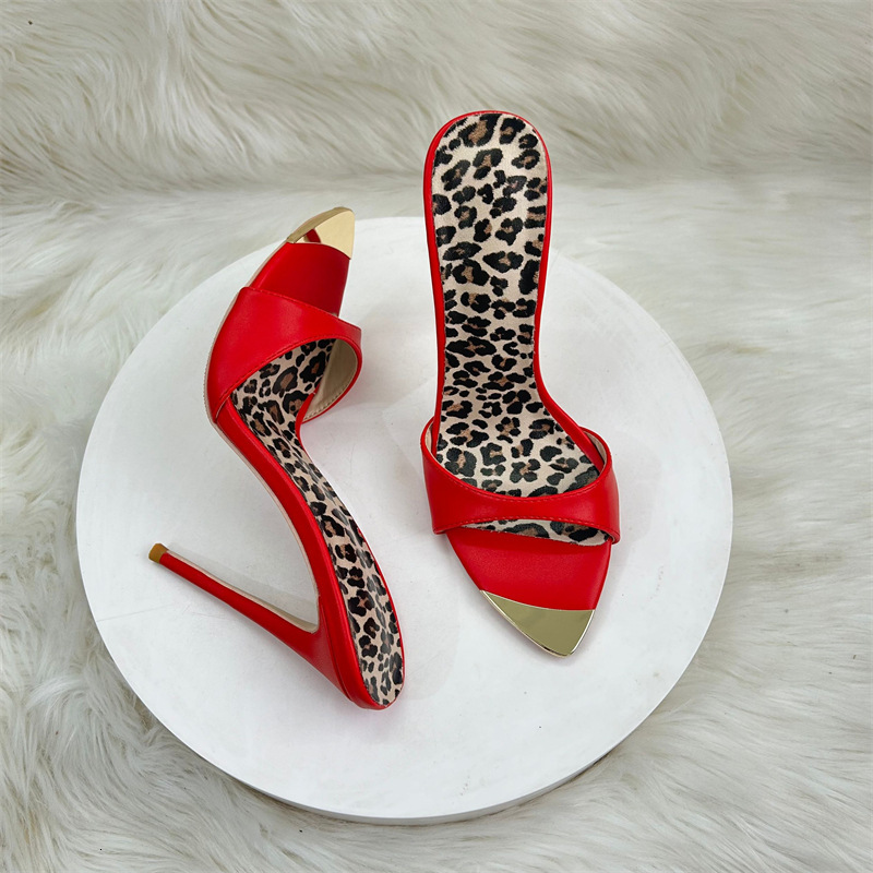 High Heeled For Socialites, 12Cm In Length, Pointed Thin Heels A Red Herringbone Pattern. Cool Slippers With Exposed Toes And High-Heeled Sandals