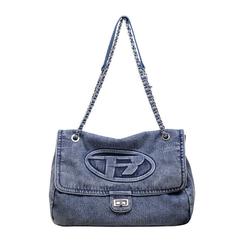 French style large capacity commuting bag for women, popular denim chain tote versatile single shoulder crossbody airport bag, 2024 new casual fashion
