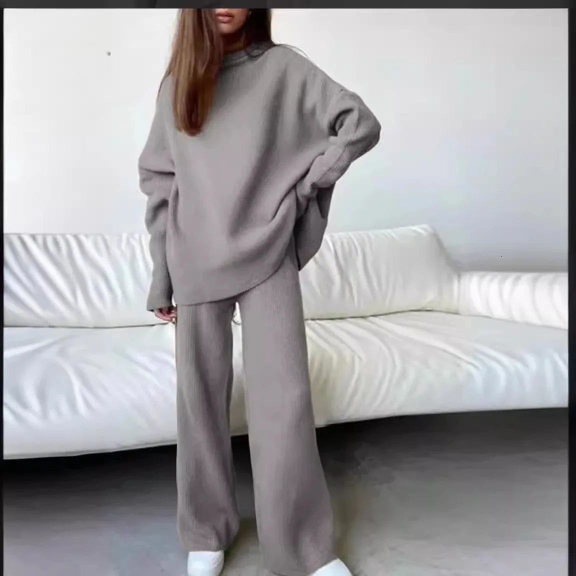 Womens 2 Pieces Knit High Collar Warm Autumn Winter Tracksuit Long Sleeved Top and Pant Suits for Women Elegant Pantsuit 241214