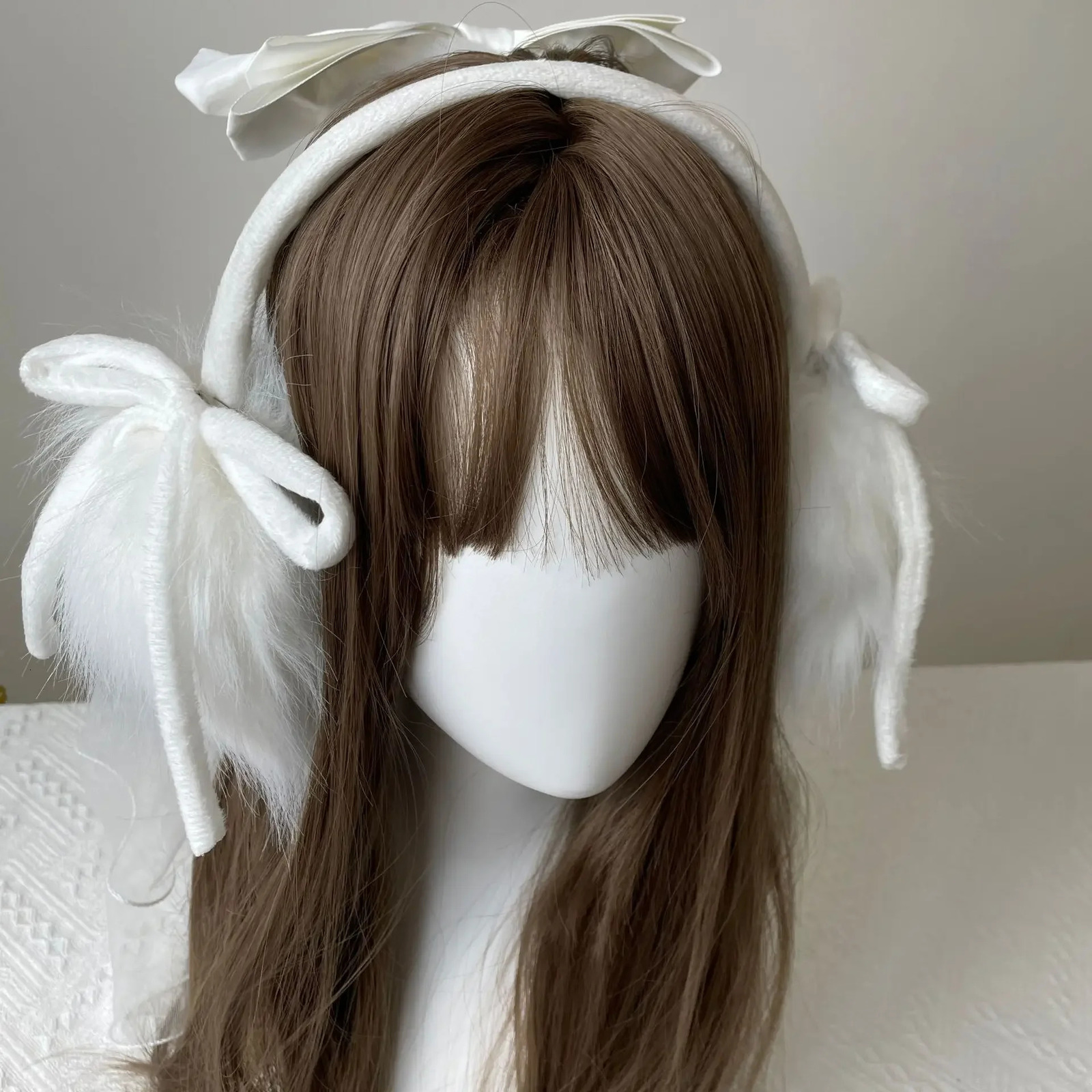 White bow ear cushions plush rabbit fur womens winter warm ear cushions riding windproof ear cushions Japanese JK accessories 241211
