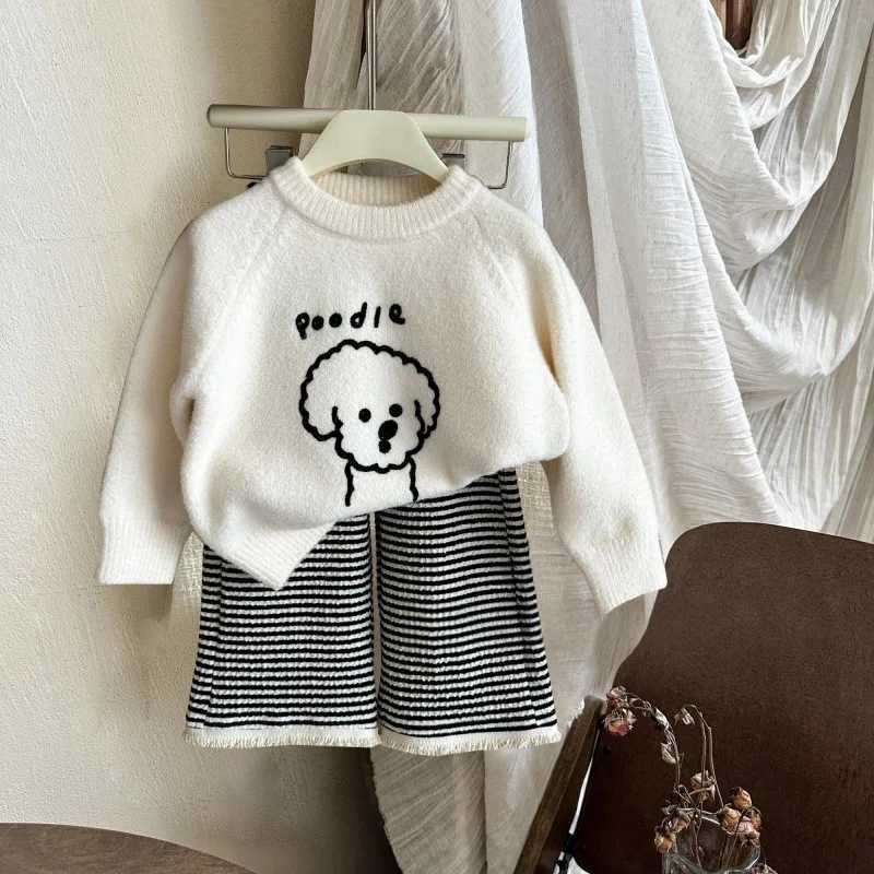 Clothing Sets Autumn Children Girl 2PCS Clothes Set Cotton Knitted Cartoon Dog Sweater Striped Raw Edge Wide Leg Pant Suit Toddler Girl Outfit H241214