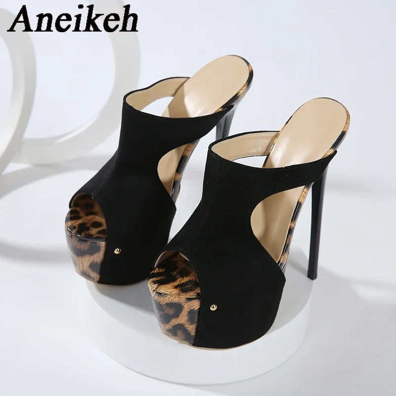 Aneikeh Summer Extreme Platform High Heels Black Leopard Print Rivet Slippers Ladies Sexy Sgback Sandals Mules Slides Shoes