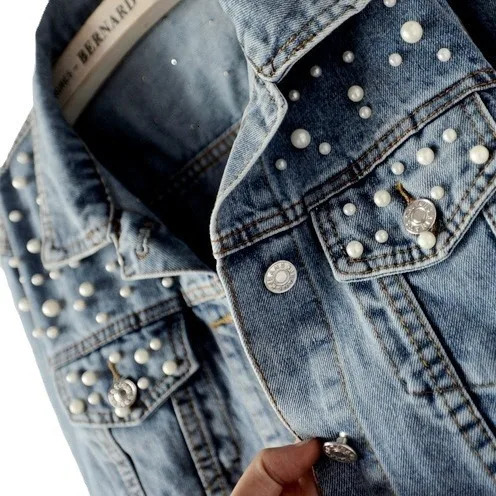 Womens fashionable bead diamond trendy denim jacket loose casual long sleeved lapel patch work Y2k 241211