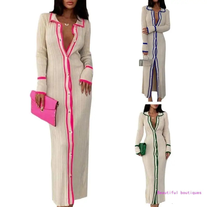Ribbed Knitted Womens Long Open Skirt Vneck Sleeve Button Down Jacket 241212