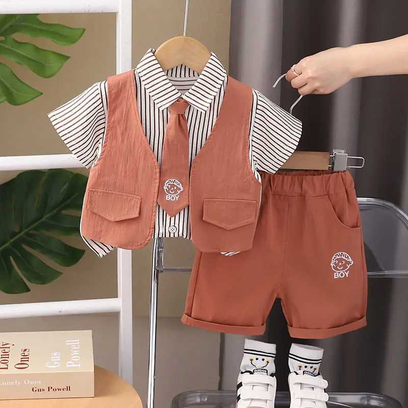 Clothing Sets Children Clothes Cartoon Kids Boy Short Sleeve Patchwork Shirts Pants 2Pcs/Set With Tie Fashion Toddler Tracksuits 0-5 Years H241214