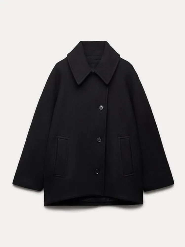 Womens retro solid long sleeved womens jacket elegant autumn winter pocket womens jacket 241214