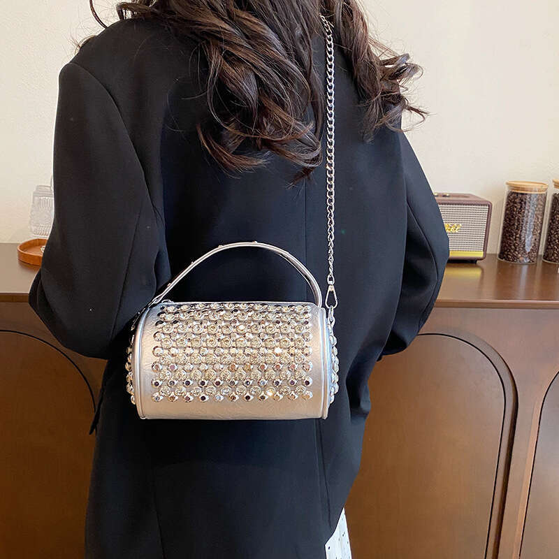 High end fashion versatile rivet small square for women 2024 new personalized and trendy handbag, single shoulder crossbody cylindrical bag