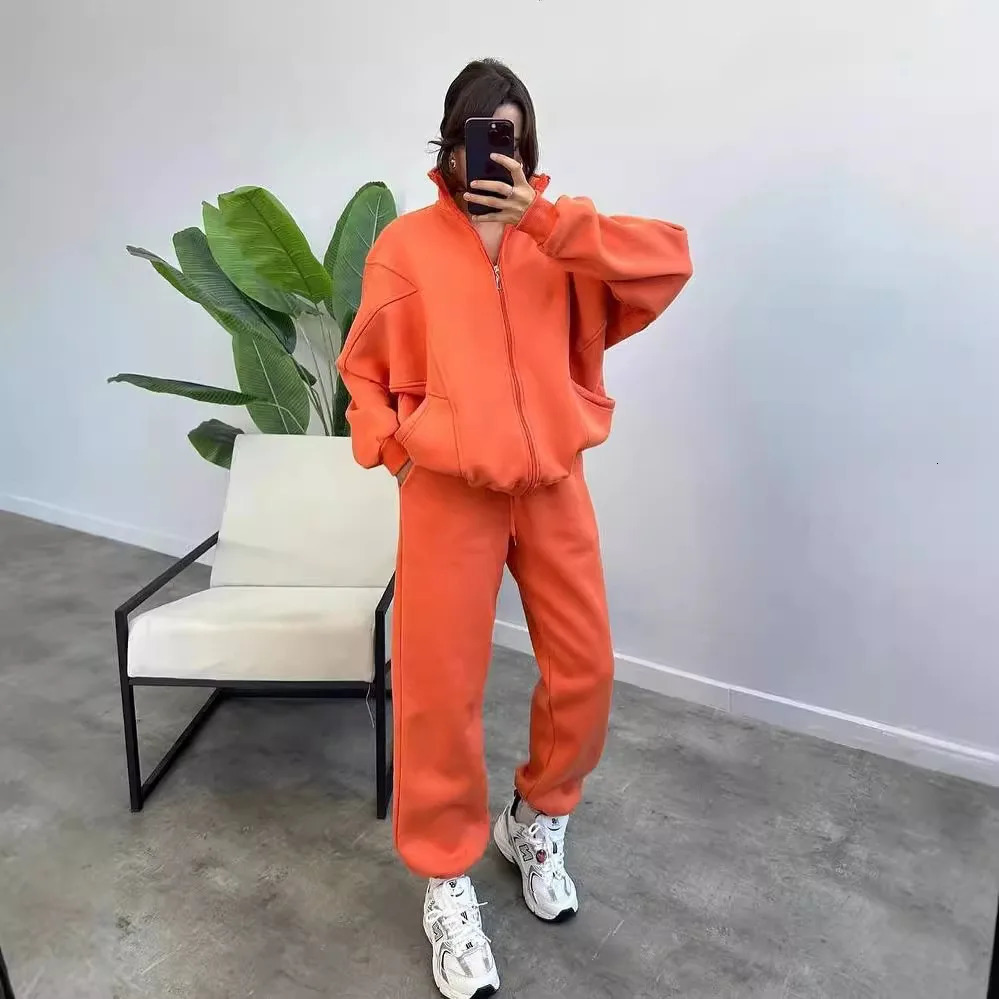 Women Fleece Suit Loose Long Sleeve Sweatshirt and High Waist Trousers 2 Pieces Set Female Winter Fashion Warm Tracksuit 241209