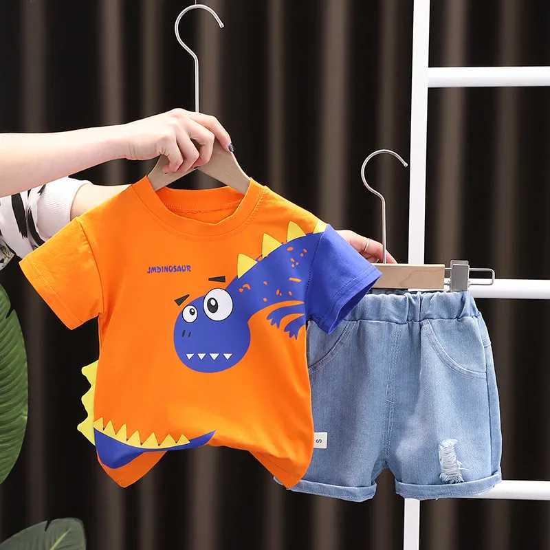Clothing Sets Kids Outfit Cartoon Dinosaur T-shirt Shorts 2Pcs/Set Fashion Baby Boys Girl Clothing Children Cotton Tracksuits Sport Outwear H241214