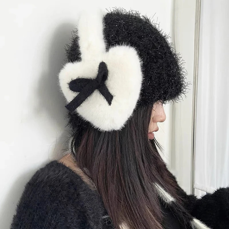 Female Bow Knot Earrings Kawaii Heart shaped Fluffy Eartips Cold Protection Female Eartips Thick Plush Japanese JK Girls Eartips 241211