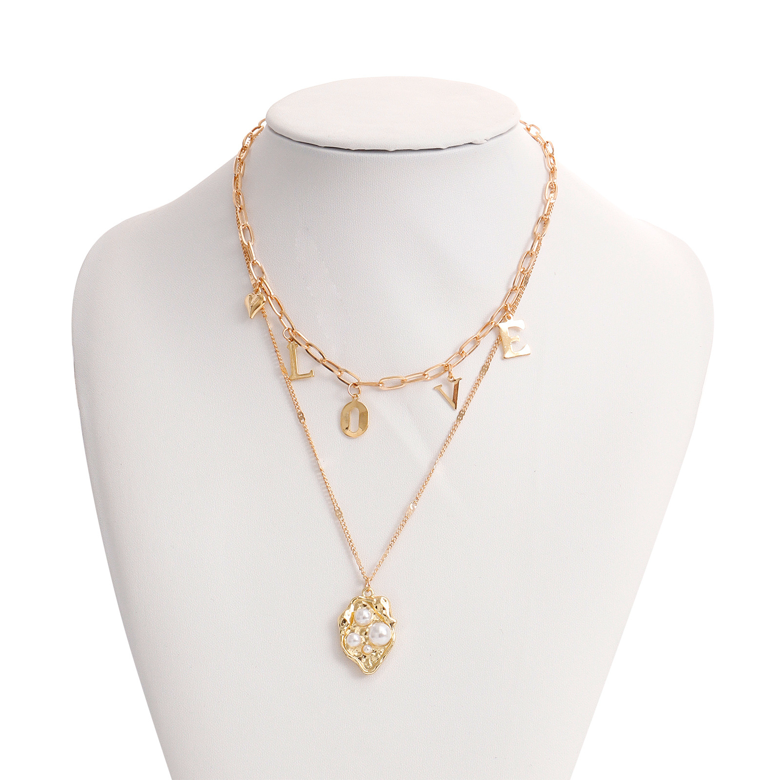 Minimalist LOVE Letter Layered Necklace with Pearl Pendant - European Metal Style Jewelry 2025 New In Stainless Steel Gold Plated Pearl Leaf Pendant Y
