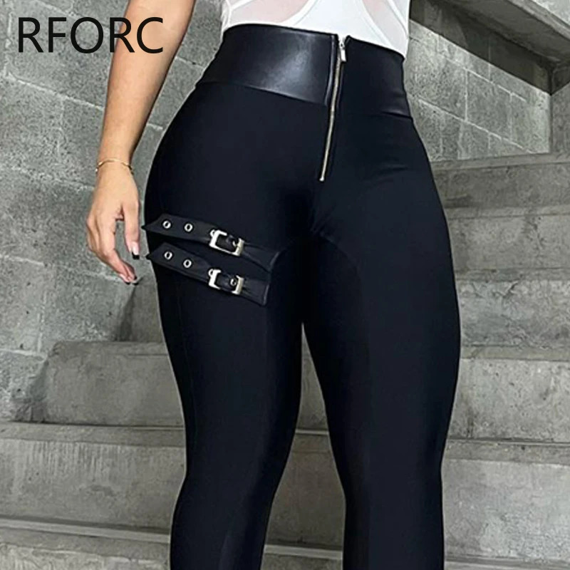 2023 Womens Chic Pu Leather Patchwork High Waist Zipper Bandage Skinny Black Pencil Pants 241212
