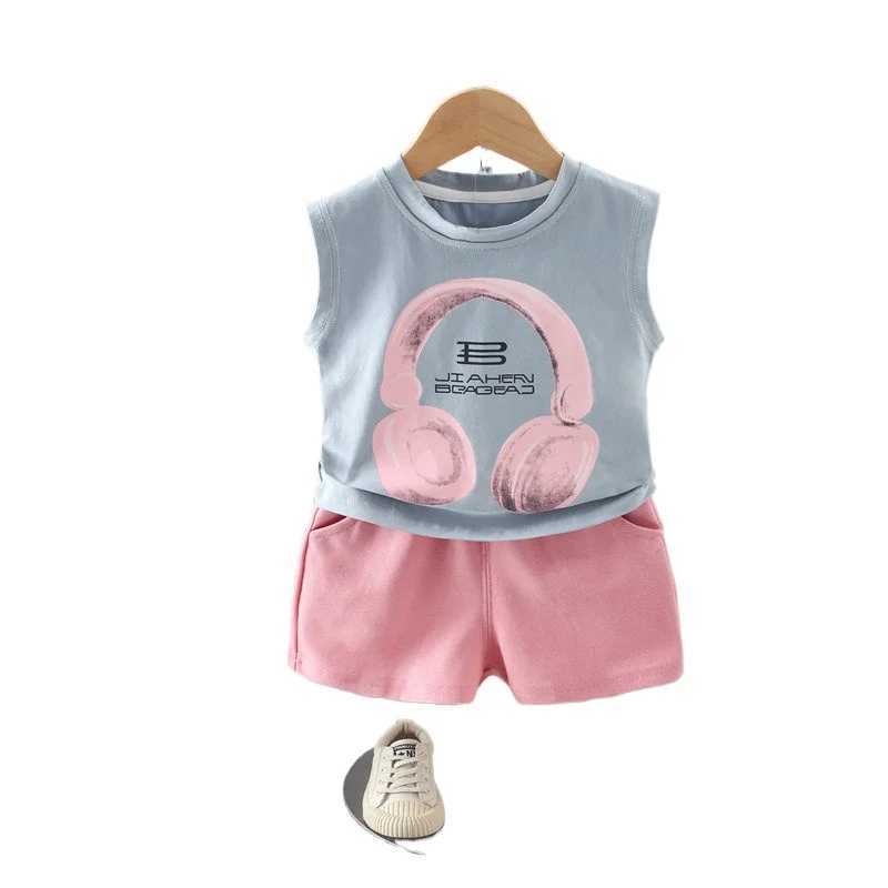 Clothing Sets New Summer Children Boys Girls Baby Fashion Infant Earphone Clothing Kids Cotton Cartoon Vest Shorts 2pcs/Set Suit 0-5 Years H241214