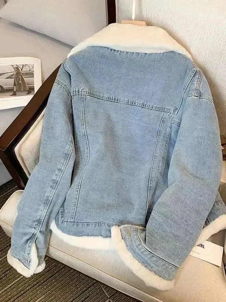 Winter wool thick denim jacket womens loose casual warm fur collar long sleeved clothing 241211