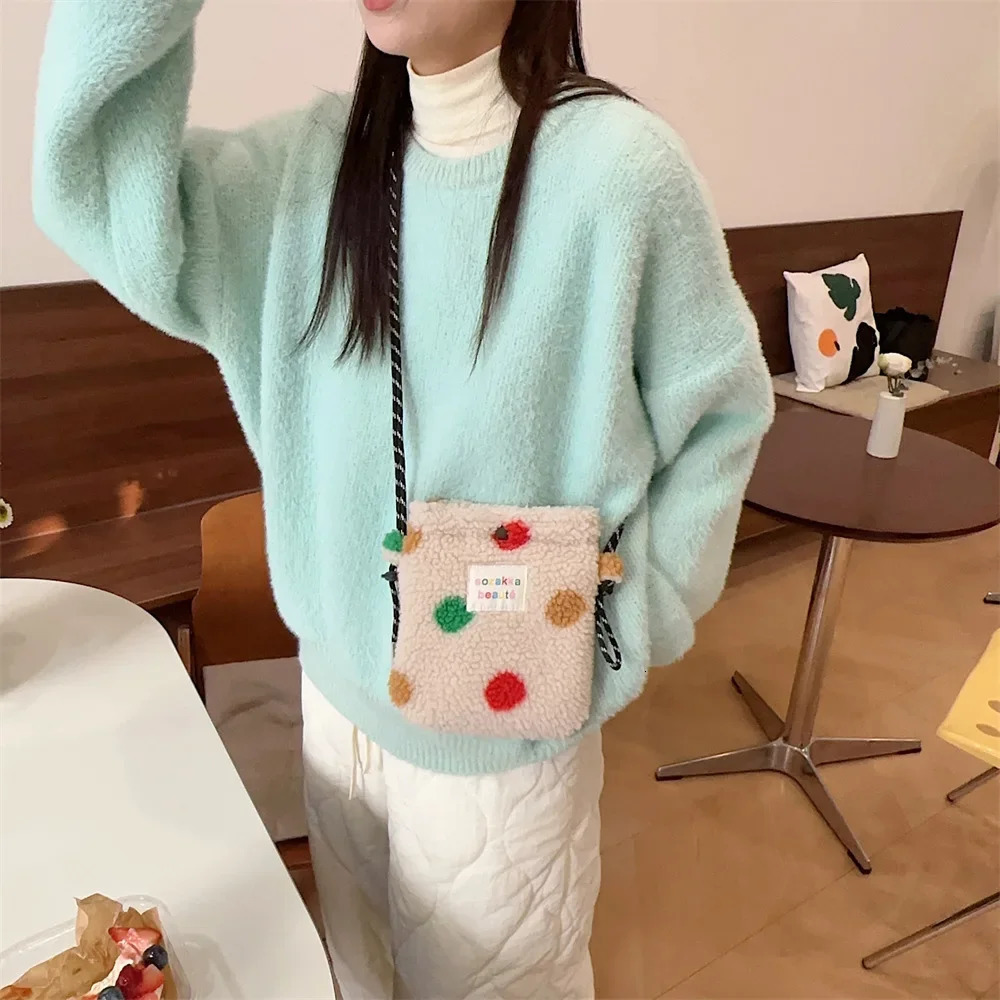 plush polka dot cross shaped bag suitable for women cute pink single shoulder cross shaped bag womens shopping bag portable phone bag 241213