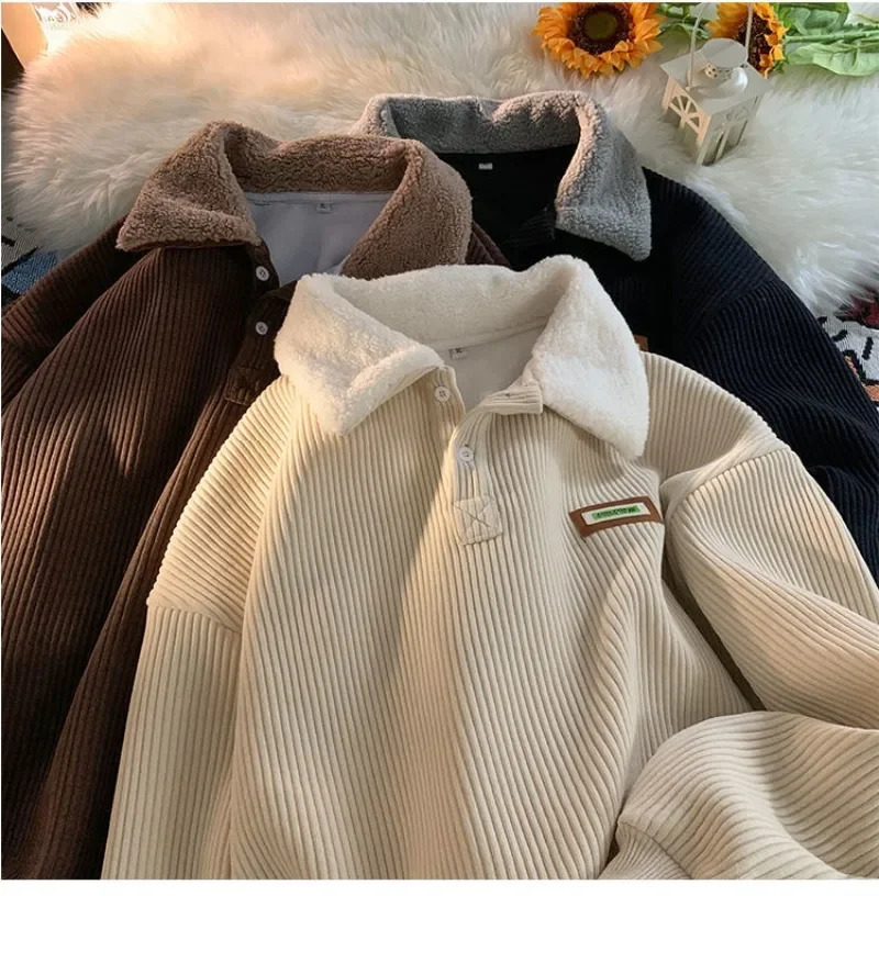 Women Vintage Harajuku Hoodies Oversized Plus Velvet Thickened Corduroy Button Sweatshirts Korean Fashion Pullover Polo Hoodie 241214