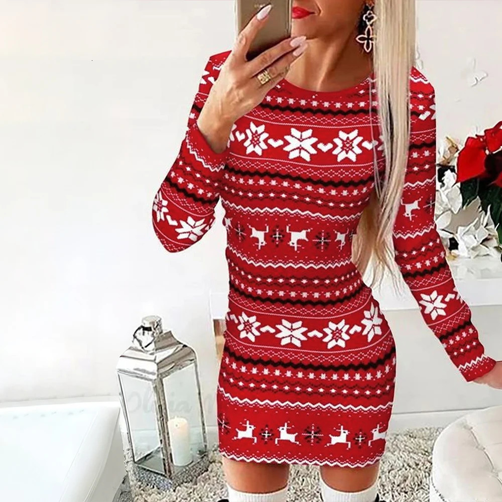 Womens Christmas Bodycon dress ultrathin slim fit snowflake print round neck long sleeved hip wrap Year party outfit 241212