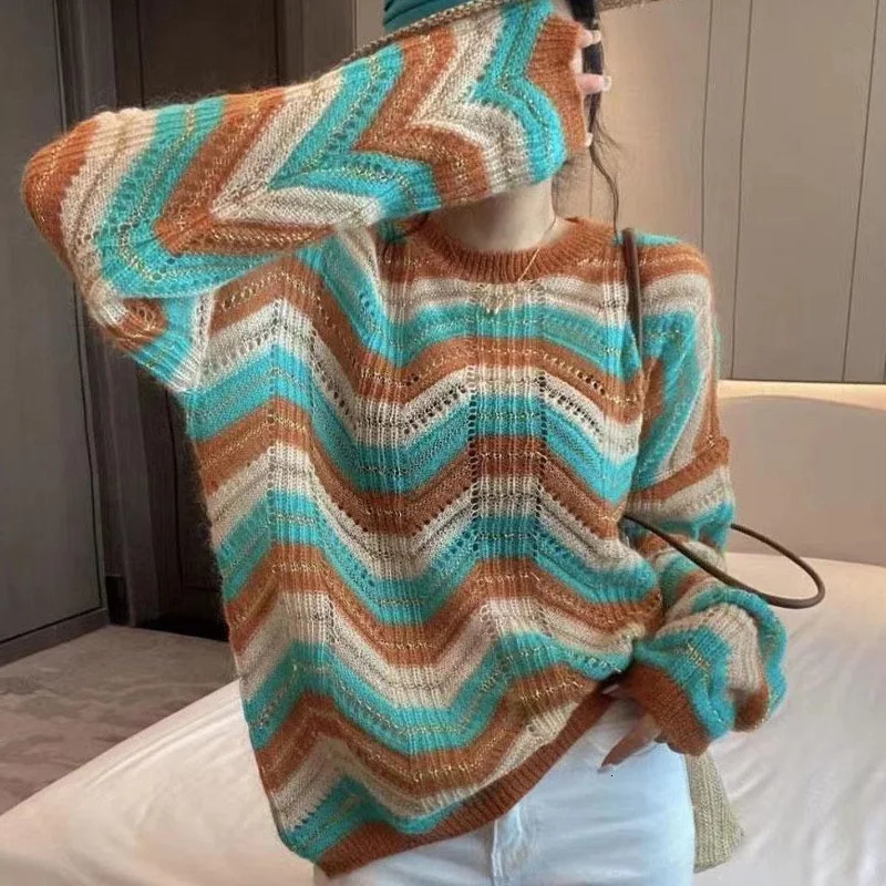 SpringSummer Multi Color Sweater Womens Round Neck Long Sleeve Loose Floral Hollow Elegant Full Match Comfortable Top 241211