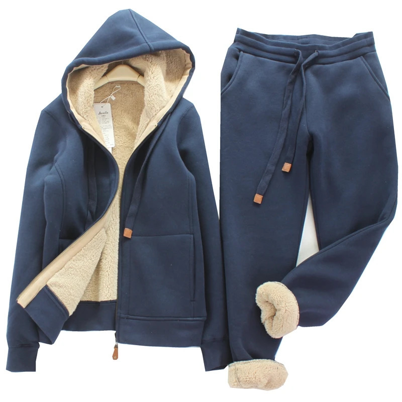 Simple Fashion Sports Casual Suit Womens Autumn Winter Artificial Lamb Wool and Velvet Thickened Hooded Short Coat Pants 241209