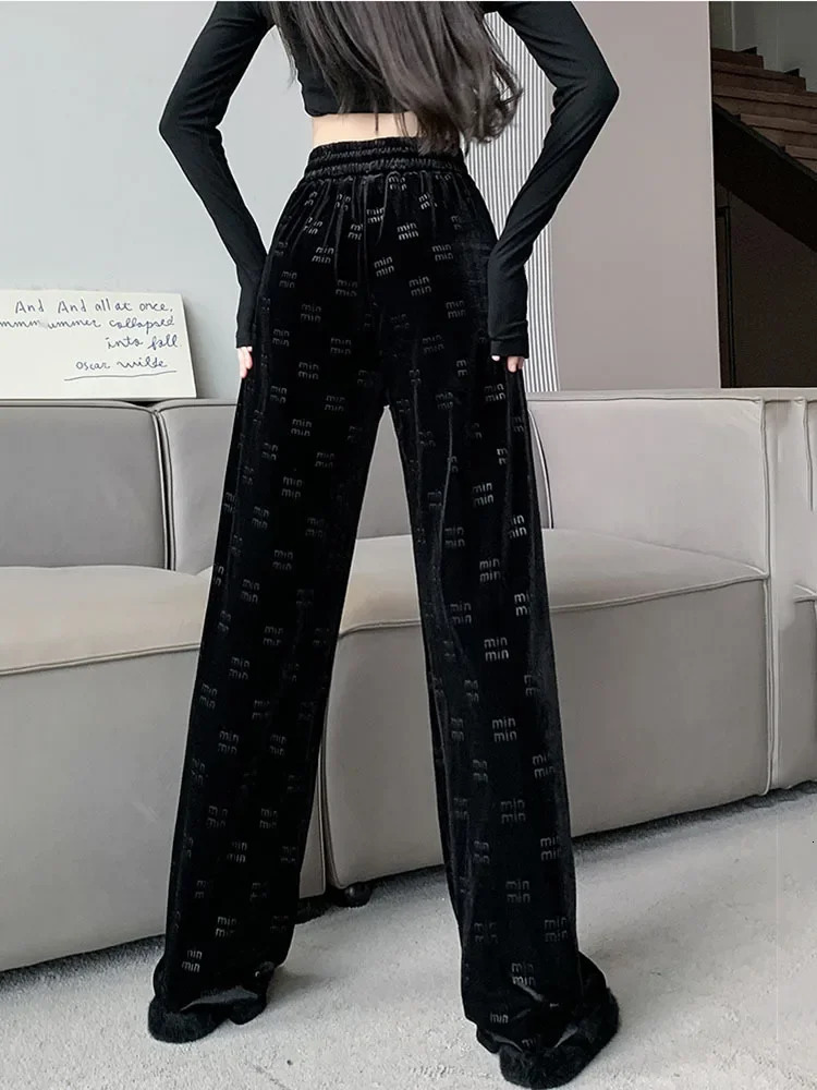 Velour High Waisted Pants Woman Print Wide Leg Belted Comfortable Elastic Waist Black Autumn Winter 2024 Fashion Clothing 241212