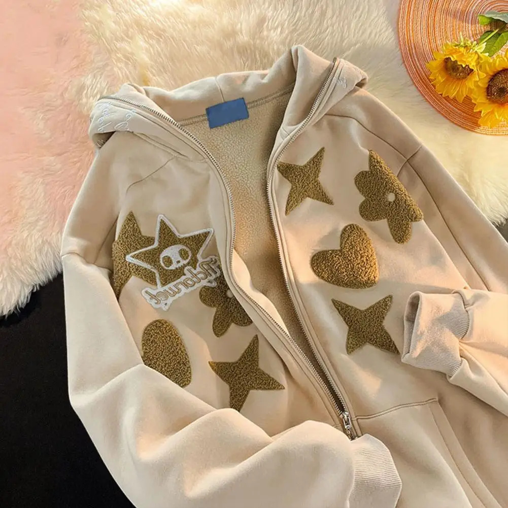 Harajuku Kawaii Pink Zip Up Hoodie Women Japanese Style Cute Cartoon Beige Hooded Jacket Oversize Korean Girly Sweatshirts 241214