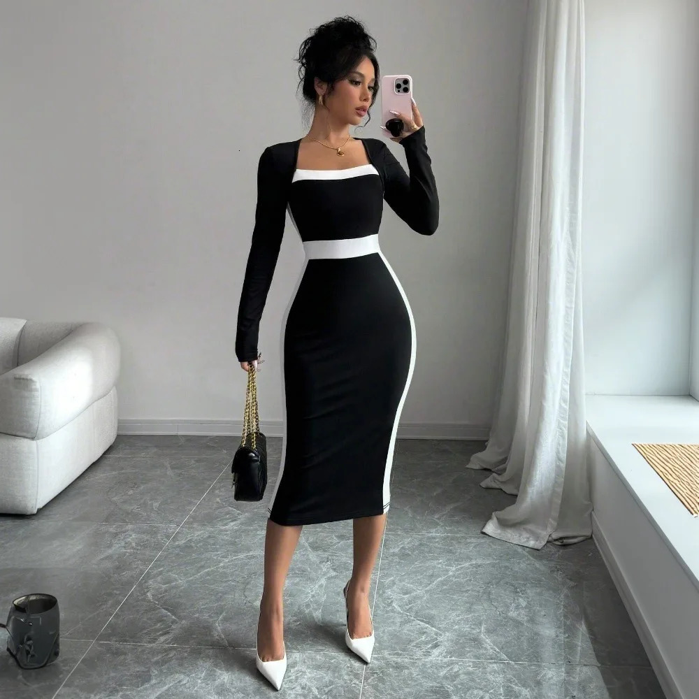 Autumn Winter Womens Sweater 2024 Arrival Square Neck High Waist Long Knitted Dress Korean Maxi 241212