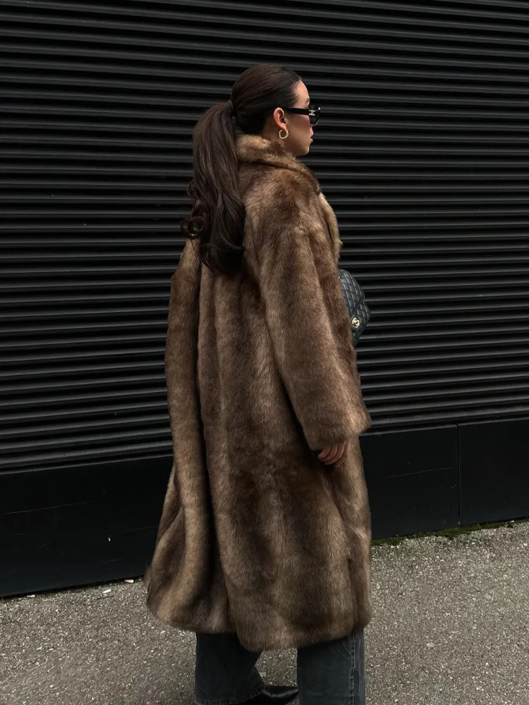 Womens Dark Brown Faux Fur Warm Long Coat Single Breasted Oversized Thickened Overcoat Winter Fluffy Plush Female Outerwear 241211