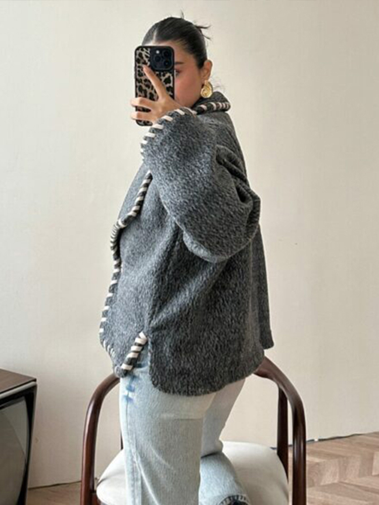 Vintage Large Collar Patchwork Short Coat Women Loose Solid Lapel Button Woolen Coats Female Autumn Chic Elegant Street Outwear