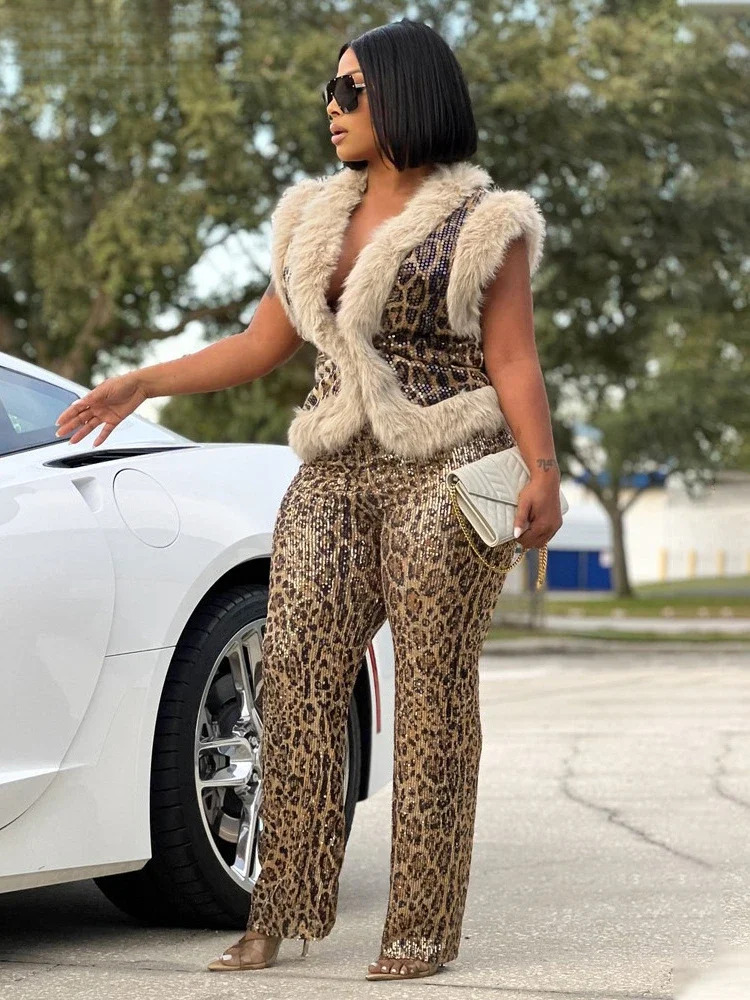 Women's Sleeveless Fur Leopard Sequined V-Neck Wool Vest And Pant Suits Street Two 2 Piece Set Outfit Tracksuit