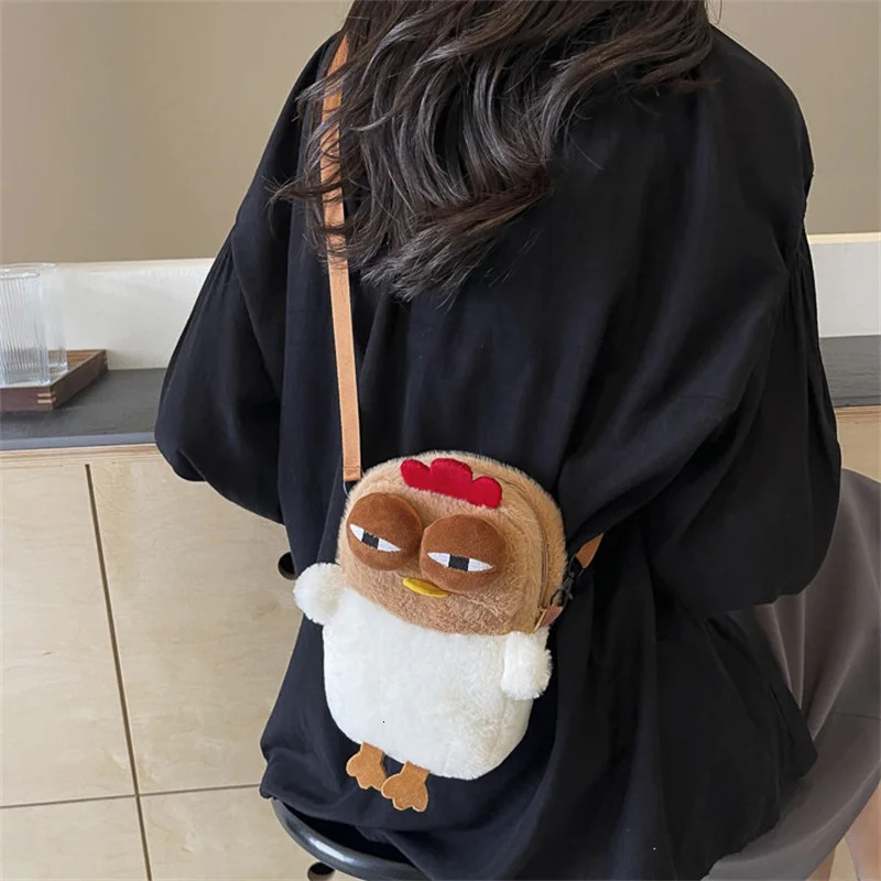 Plush adjustable strap cartoon womens chicken wallet fluffy hen shoulder bag travel party handbag 241213